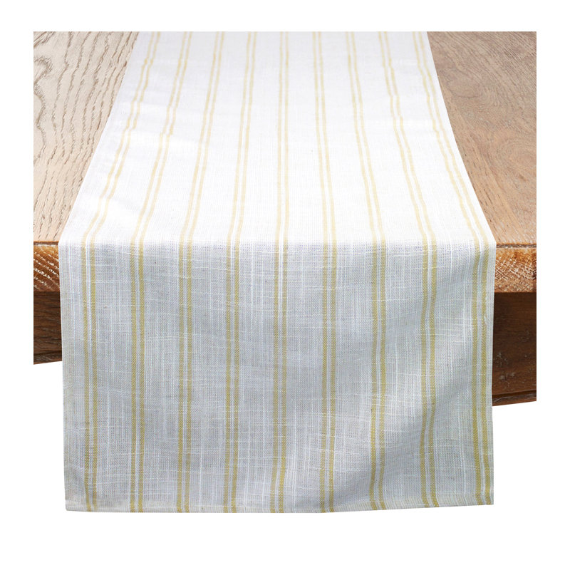 Chemin de table moderne en mélange de lin à rayures beige et blanc, Beige / Blanc, 54 po x 16 po