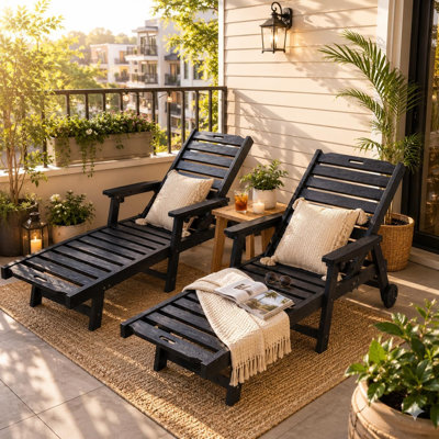 Chaise longue d'extérieur 2 pièces avec dossier réglable à 5 positions et accoudoirs, porte-gobelet amovible et roulettes amovibles