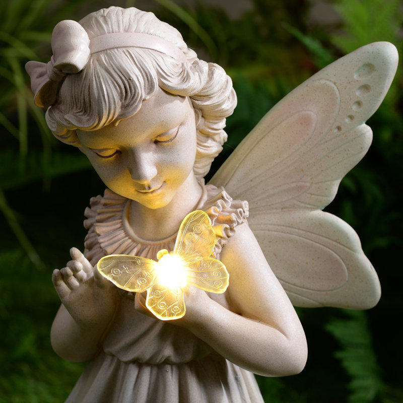 Girl Holding Butterfly Lighted Garden Statue Solar Powered LEDs