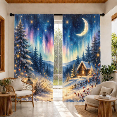 2Pcs Winter Aurora Cabin Curtains, light filtering fabric, enchanting night sky, cozy lodge and pine forest scene, starry moonlit backdrop, rod-pocket design, suitable for living room, bedroom, balcony, kitchen home decoration