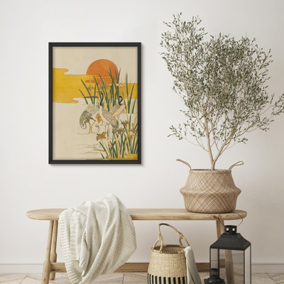 Art mural encadré, grue japonaise et coucher de soleil, impression de style asiatique traditionnel pour décor de chambre zen ou de couloir
