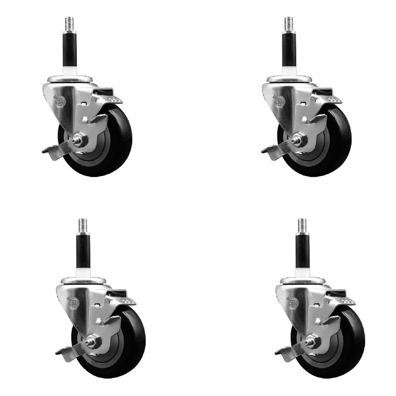 Ensemble de roulettes extensibles en poly 3,5 pouces pivotant 7/8 pouces avec frein SCC, Noir