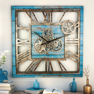 Wall Clock 24" Square Oversized for Living Room decor with Real Moving Gears America Collection