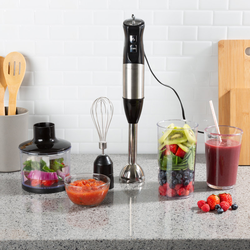 6-Speed Immersion Blender - 4-in-1 Stainless Steel Hand Mixer with Whisk, Food Processor Cup, and 32oz Beaker for Soup, Smoothies, and More by Classic Cuisine (Black)