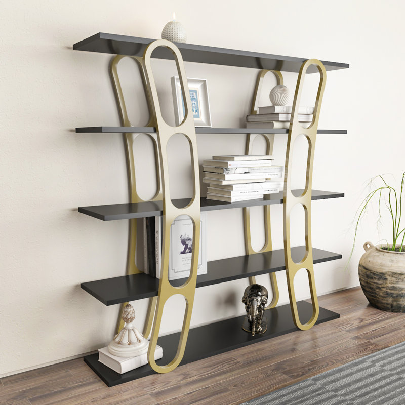 Adar 120cm H x 120cm W Standard Bookcase, Gold, Black