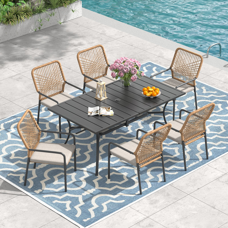 6-Person Patio Dining Set with Rectangular Dining Table and Cushioned Stackable Rattan Chairs