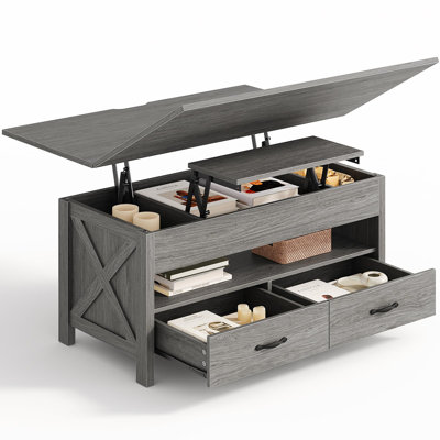 Lift Top Coffee Table With Hidden Storage,Two Drawers And One Open Shelf,Farmhouse Coffee Table For Living Room And Home Office