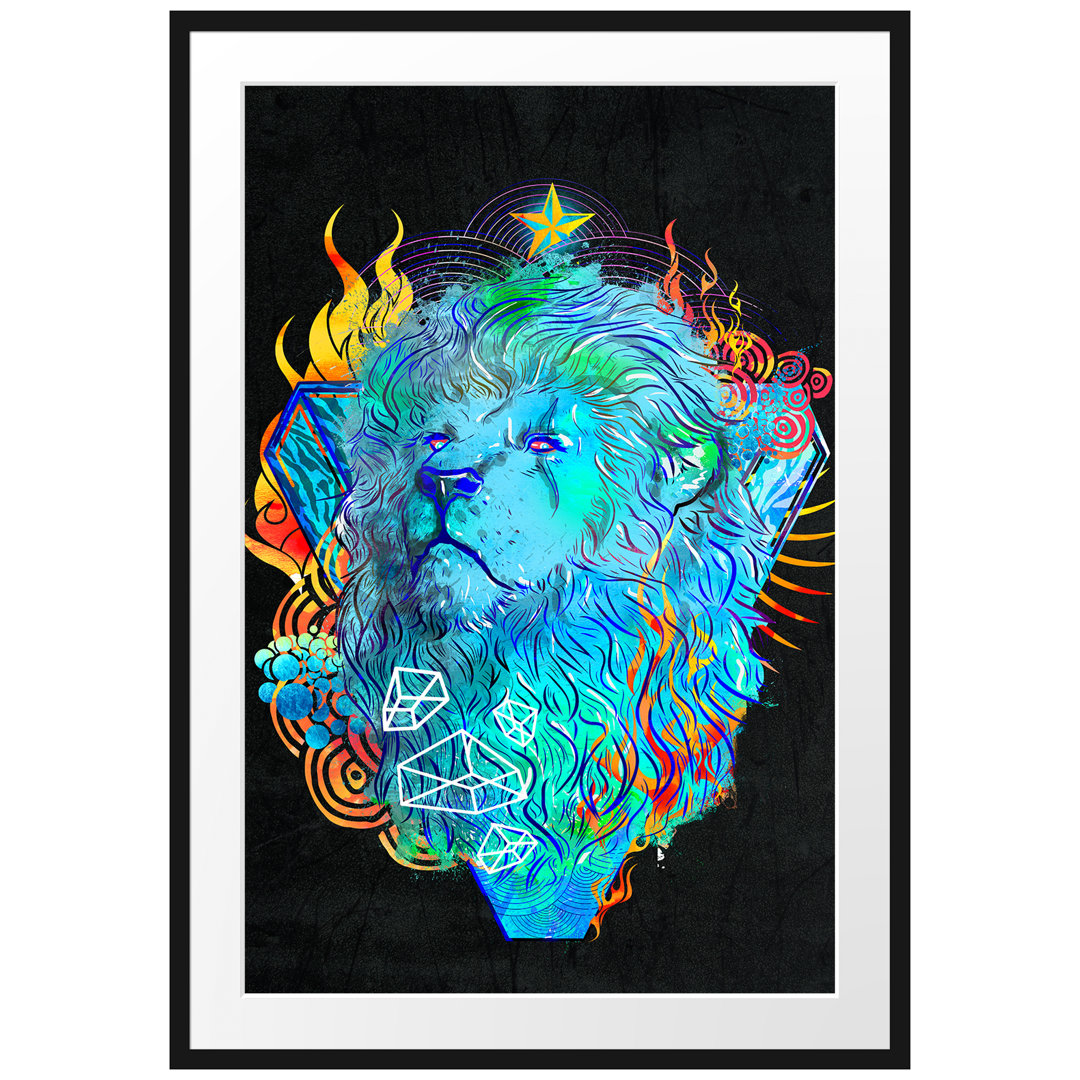 Gerahmtes Poster Lion Fire Black