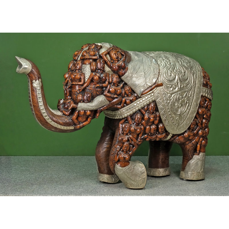 Statue d'éléphant en bois sculptée à la main de 54 po de largeur - Grande statue de plancher en composite avec accents argentés