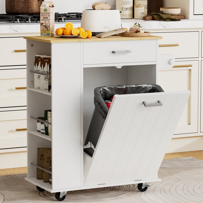 Îlot de cuisine roulant avec rangement pour poubelle, Blanc