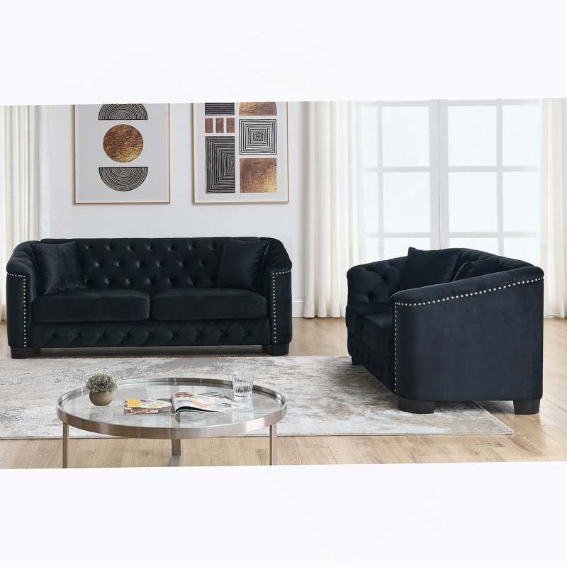 Canapé 3 places + canapé 2 places. Velours beige, Noir