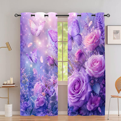 2Pcs Butterfly Rose Printed Grommet Blackout Curtains, Purple Floral Lavender Design Drapes, Room Darkening Privacy Protection, Decorative for Bedroom Living Indoor Home Decor