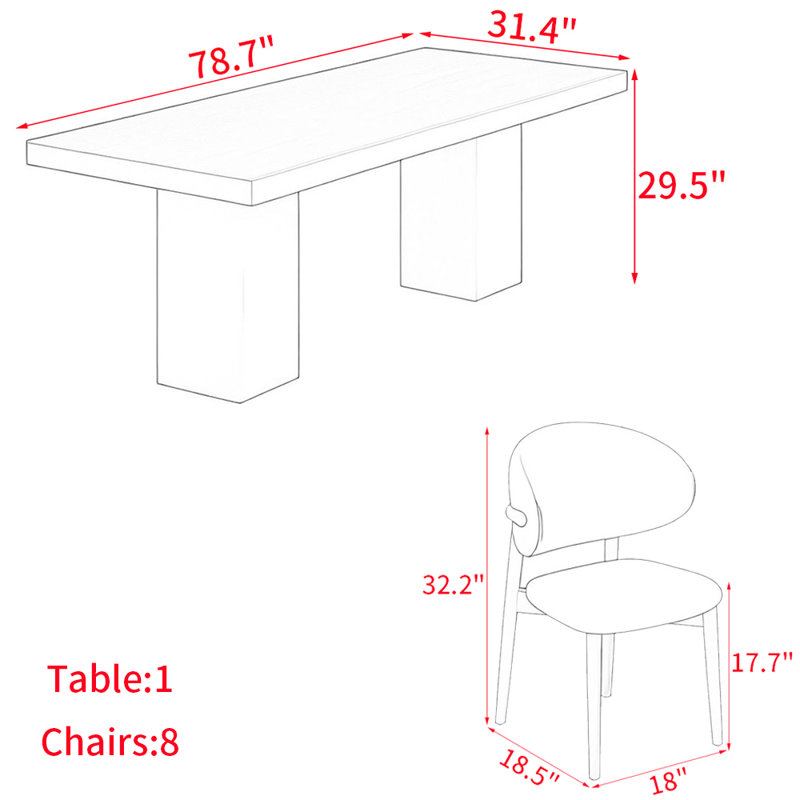 Ensemble de table à manger moderne en bois massif de style japonais, H 29,5 po x L 78,7 po x l 31,4 po