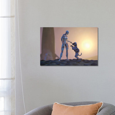 A Robot Playing With A Dog On The Surface Of Mars by Mike Kiev - Wrapped Canvas Painting