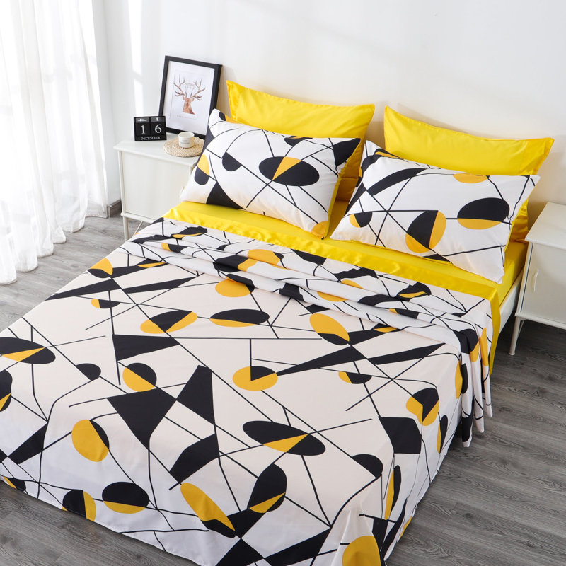 Ensemble de draps 6 pièces Polycotton, Courtepointe pour grand lit + 5 pièces supplémen, Jaune / noir