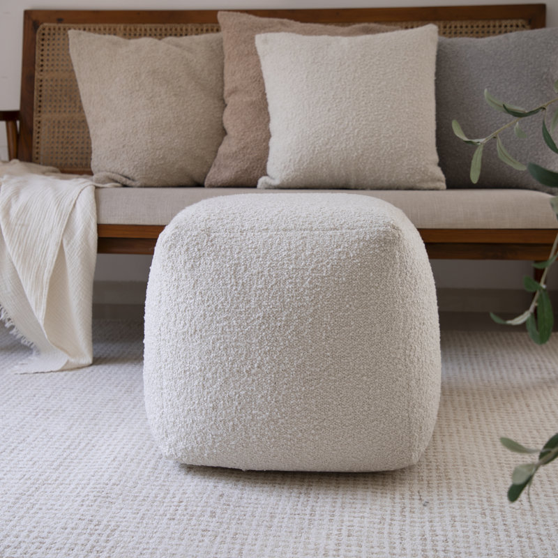 Nertila Handmade Farmhouse Boucle Square Indoor Pouf Ottoman, Ivory