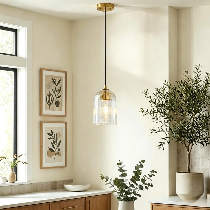 Dansby 1 - Light Modern 5.1" Ribbed Glass Pendant Light for Dining Room, Gold, Clear
