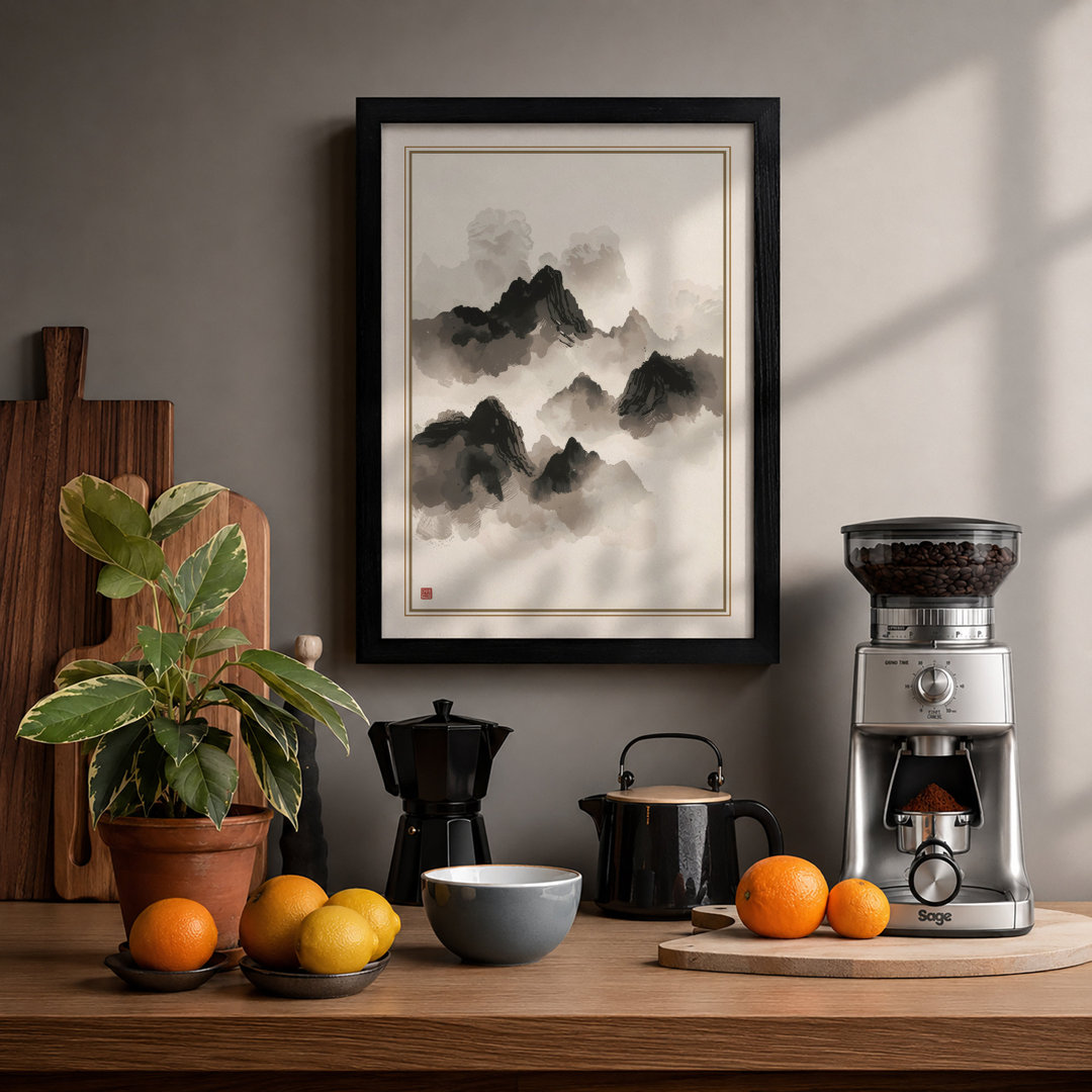 Misty Mountain Peaks Japandi - Framed Print