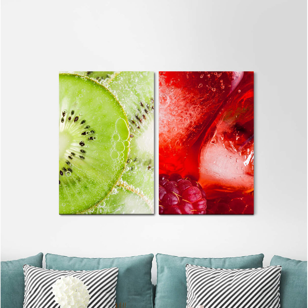 2-tlg. Leinwandbilder-Set - Grafikdruck „Kiwi Raspberry Fresh Delicious Juicy Vegan Kitchen”