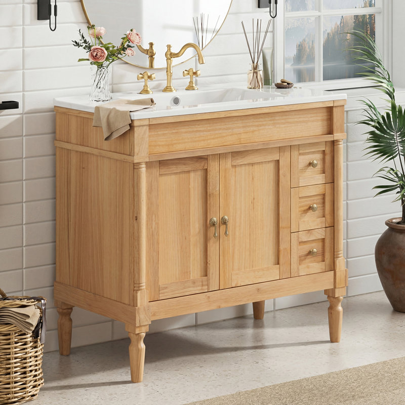 Meuble-lavabo de 36 po avec lavabo en céramique, portes à fermeture douce, tablettes réglables, armoire de rangement moderne pour petites et moyennes salles de bain
