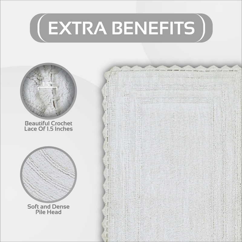 Rasika 100% Cotton 1990 GSM Tufted Reversible Bath Rug, OEKO-TEX Certified, Ultra Soft & Absorbent, Machine Washable Bathroom Rug for Shower, Tub, Sink, Vanity & Spa Areas, Crochet-Inspired Design, 24" x 40" Rectangle, White