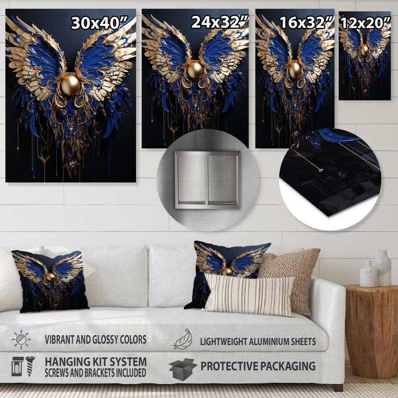 Bleu royal et ailes d'ange I - art mural fantastique en métal, H 40 po x l 30 po x P 1,5 po