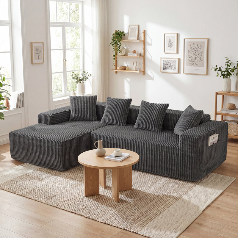 Modern Oversized Corner Sofa L-Shaped Corduroy Sofa With Storage Pockets , Left Hand Facing, Grey