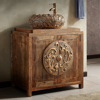 New Chinese Style Solid Wood Bathroom Vanity with Resin Carved Sink Basin for Bathroom