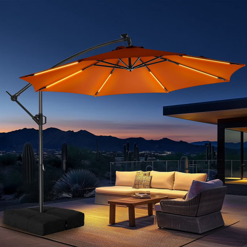 Parasol en porte-à-faux de 120 po, parasol de patio suspendu décalé de 10 pi avec 32 lumières DEL et inclinaison facile, abat-jour de parasol extérieur commercial pour la cour, la piscine, la plage et le jardin