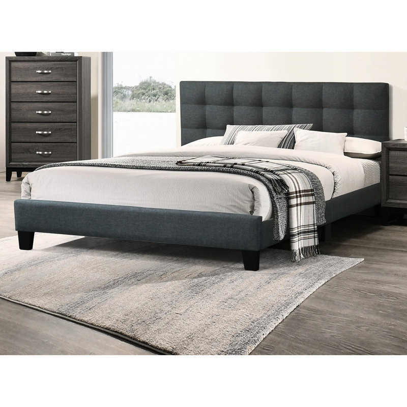 Lit double avec tête de lit tapissier gris anthracite et base plateforme pour chambre à coucher, Lit double, Gris anthracite
