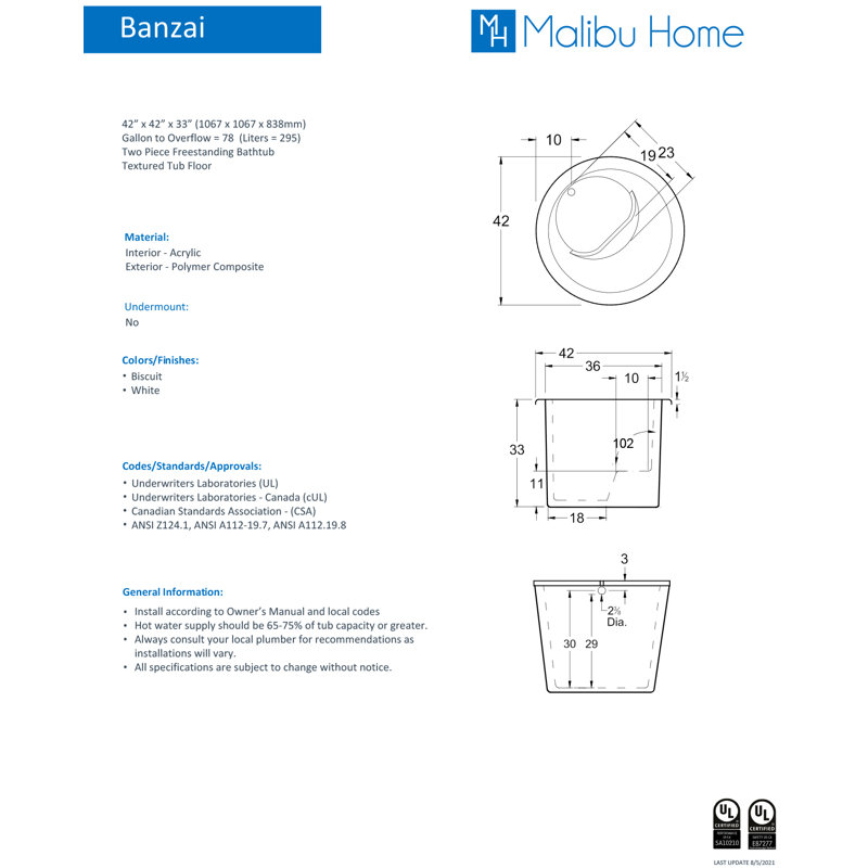 Banzai 42" x 42" Freestanding Soaking Acrylic Bathtub, White