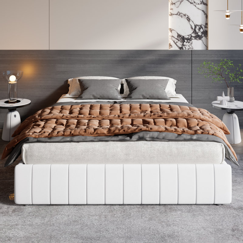 Modern Channel‑Tufted Upholstered Platform Storage Bed With 4 Locking Drawers, Queen, White