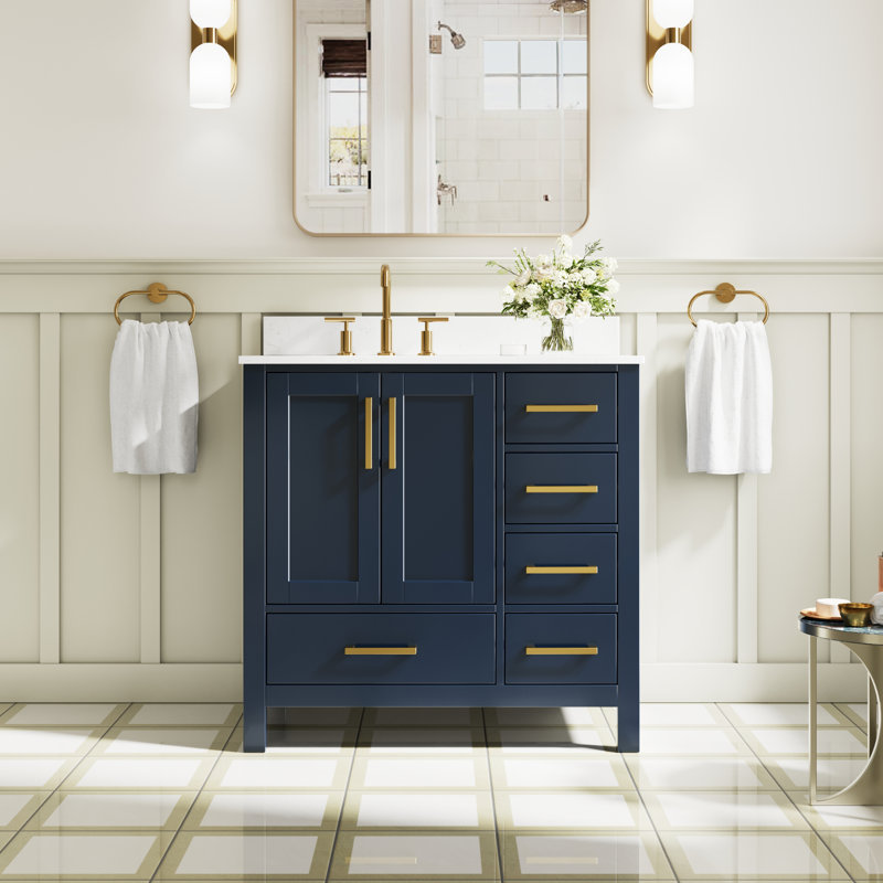 Freestanding 36" W x 35" H Solid Wood Bathroom Vanity With Carrara White Cultured Marble Countertop And Ceramic Single Sink,Navy Blue