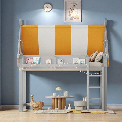 Twin\Full Size Wood Loft Bed With Canopy, LED String Lights, And Bookshelf