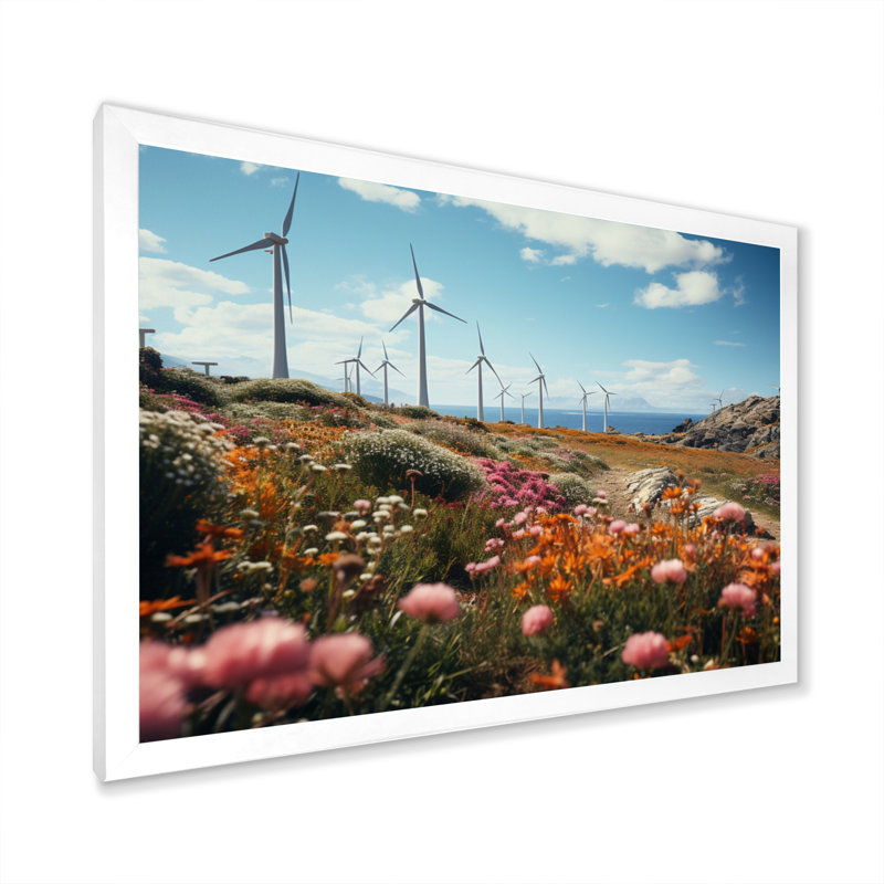 Wind Turbines Floral Field I sur impression sur toile, Cadre simple blanc, H 16 po x l 32 po x P 1 po