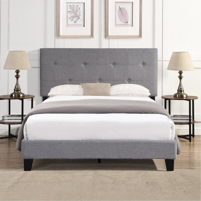 Base de lit plateforme pleine grandeur avec tête de lit en tissu de lin - capitonnage moderne sans sommier à lattes en bois Assemblage facile Revêtement gris avec support gris à assembler