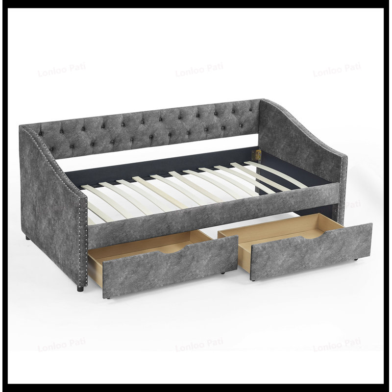 Twin Size Daybed with Drawers, Upholstered Tufted Sofa Bed, Button Back, Copper Nail Waved Arms, Space-Saving Design, Gray