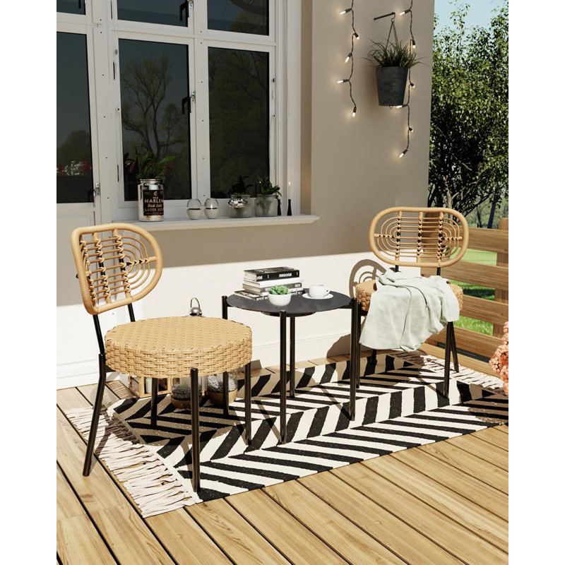 Ensemble bistro 3 pièces, chaises d'extérieur en osier avec table basse, Beige / noir