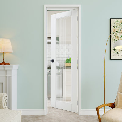 Porte intérieure pré-suspendue 24 po x 80 po en verre transparent 1-Lite avec bouton rond et charnières argentées, plaque de porte en verre transparent, peint et imperméable, combinaison pour la lessive, portes de placard, portes de pièce, droite