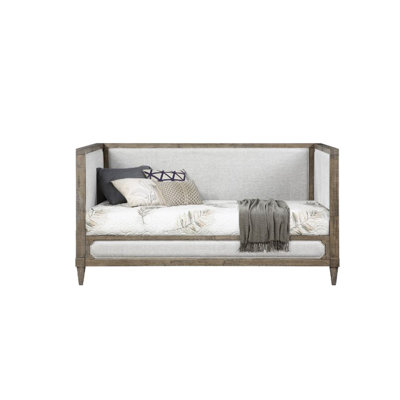 Tan Distressed Carved Off‑White Fabric Upholstered Sofa