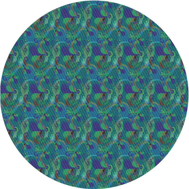 Tapis bleu / vert en laine, Rond 7 pi