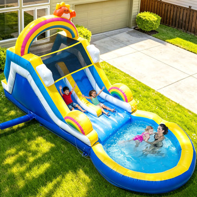 24Ft(L) Inflatable Dual Water Slides Commercial Grade Water Bounce House For Kids & Teenagers - Big Pool, Premium Pvc, Rainbow Style, Wet & Dry, 1100W Blower - For Backyard Outdoor Birthday Party