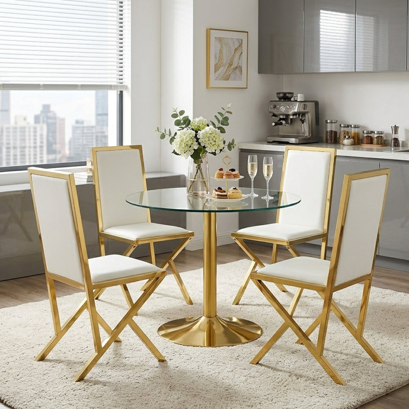 Ensemble de salle à manger 5 pièces, 5 Pieces: Table, 4 Chairs, White/Gold, Gold