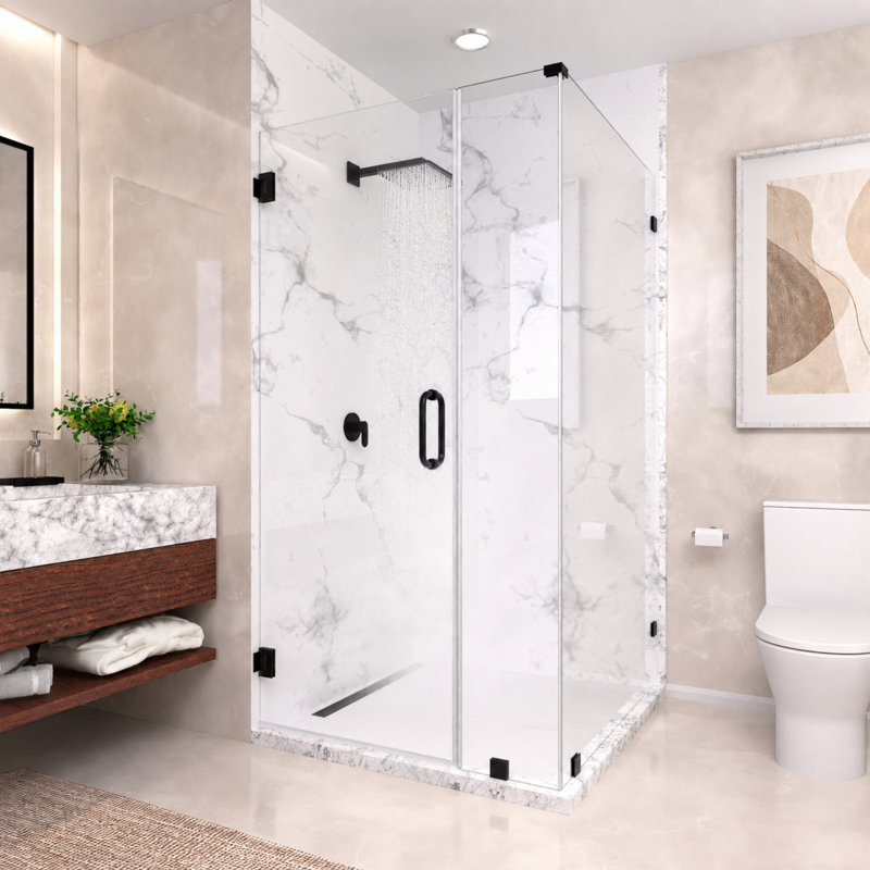 Cabine de douche d'angle à charnières murales sans cadre Nirvana, dimensions : 101,6 cm (L) x 91,4 cm (P) x 192,8 cm (H), verre clair facile à nettoyer de 10 mm d'épaisseur, fini noir mat.