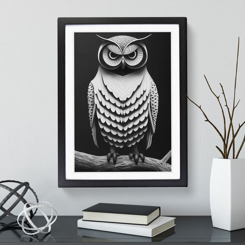 Owl Monochrome - Single Picture Frame Print, Black, 64cm H x 46cm W x 2cm D
