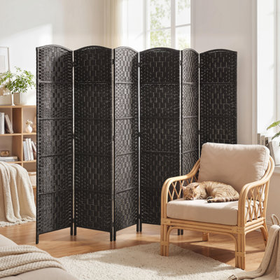 Room Divider, 6 Panel Folding Privacy Screen, 6FT Tall Portable Wicker Weave Partition Wall Divider for Bedroom, Home Office, Coffee,wood