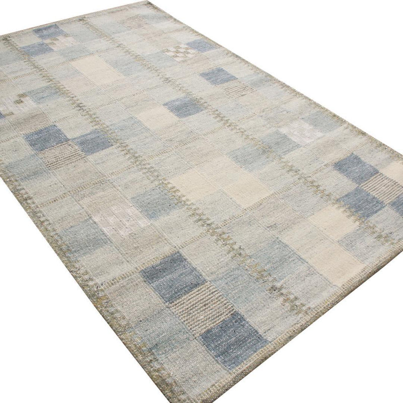 Rug & Kilim’S Scandinavian-Inspired Geometric Gray And Blue Natural Wool Rug, Rectangle 5' x 7'