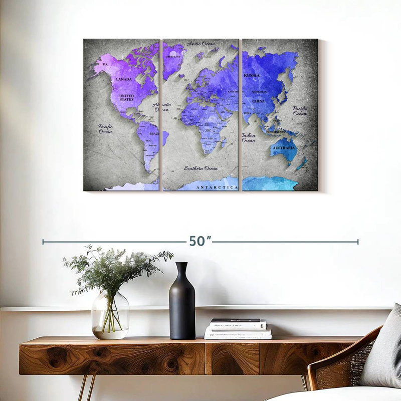 " Hued World Map " by Globetrotter Studio 3 - Pieces, 24" H x 38" W x 1.25" D