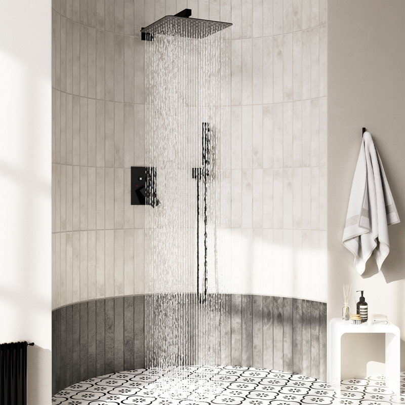 Système de douche mural de 12 pouces avec douchette et douchette, commande à bouton-poussoir, débit d'eau simultanément