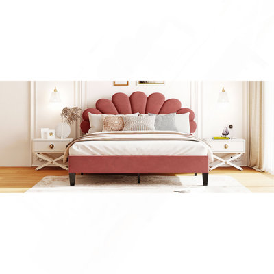 Queen Size Upholstered Platform Bed With Flower Pattern Velvet Headboard, Bean Paste Red